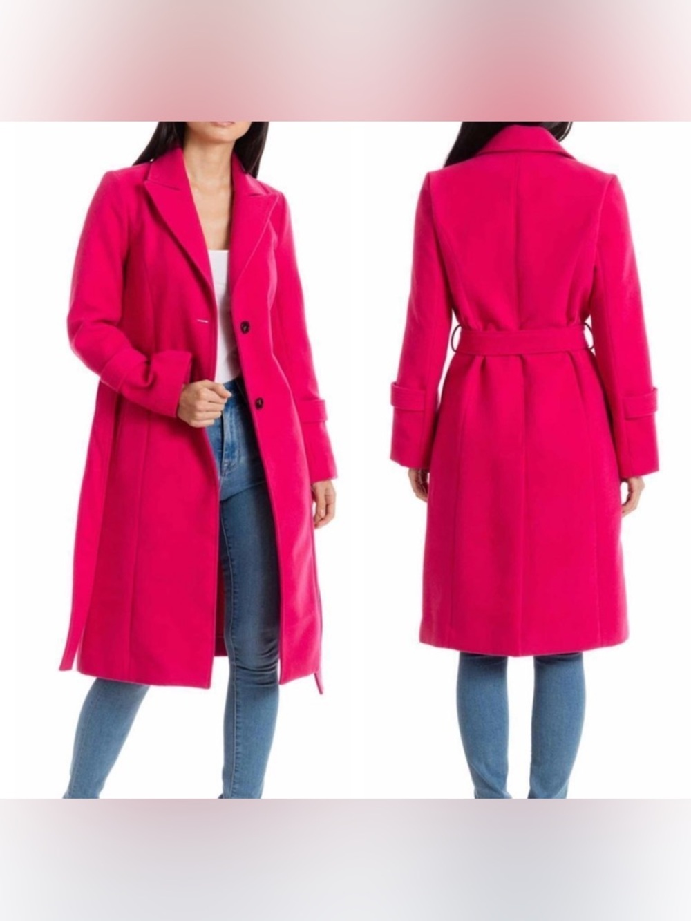 Avec Les Filles Hot Pink Long Wool-Blend Trench Coat
